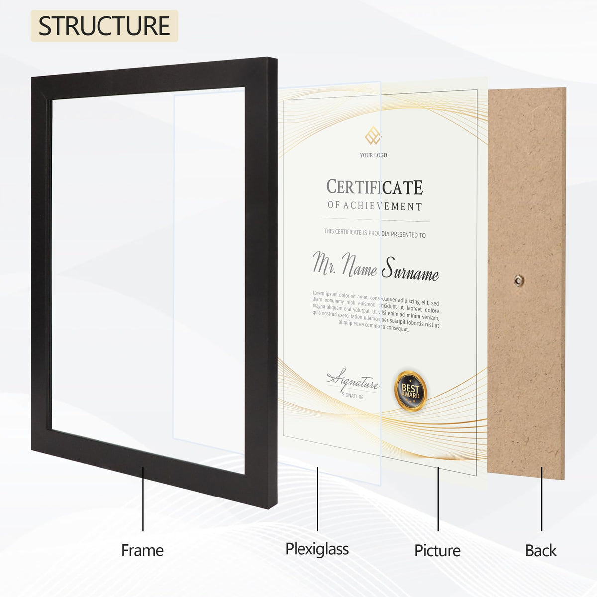 Flocey 8.5x11 frames are lightweight engineering wood with a timeless finish.
