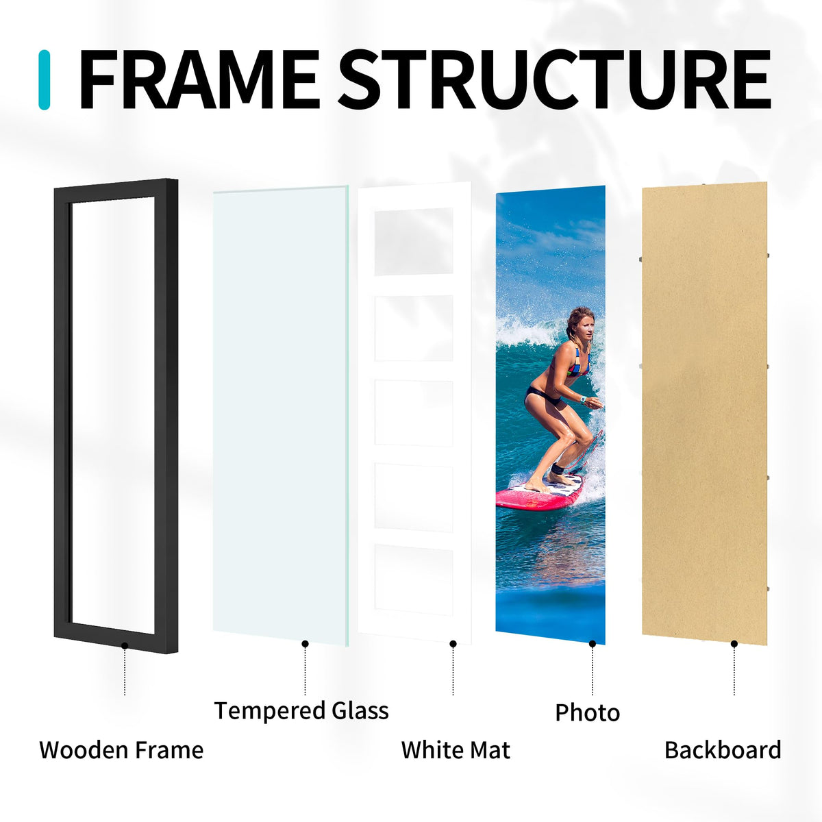 Flocey black MDF wood frame adds a sleek, durable touch to decor.