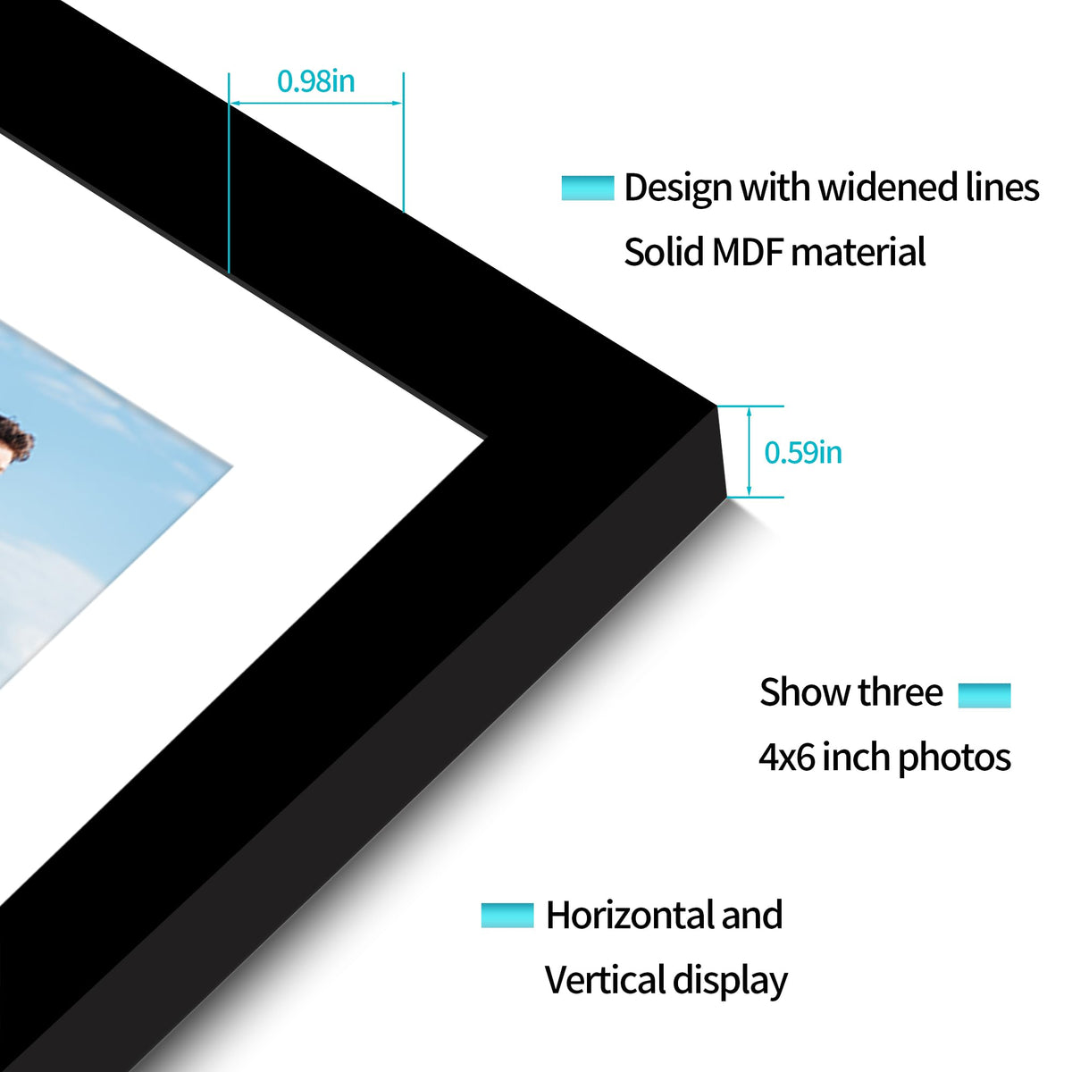 Flocey frame mounted vertically or horizontally with sawtooth hangers.