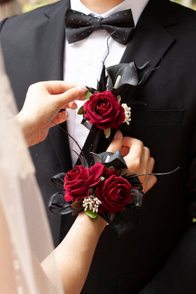 Floinla corsage and boutonniere ensemble displayed for weddings and proms