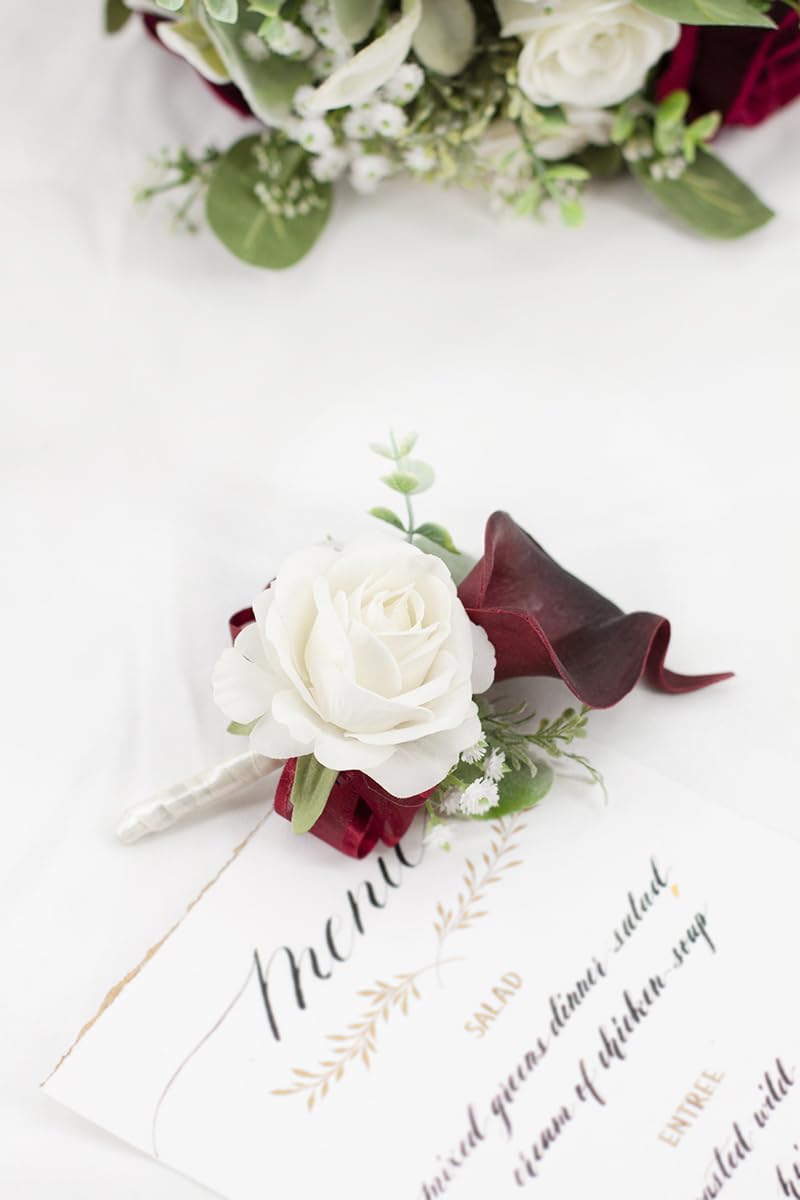 Floinla Burgundy boutonniere with calla lily and velvet rose for sharp formal accents.