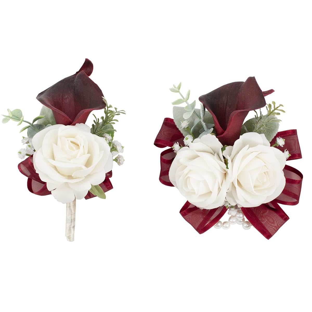 Floinla Burgundy corsage with artificial calla lily and rose for enduring bridal elegance.