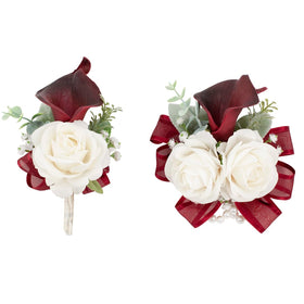 Floinla Burgundy corsage with artificial calla lily and rose for enduring bridal elegance.