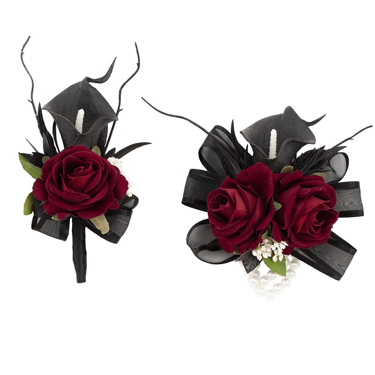 Floinla corsage with artificial calla lily and velvet rose, ribbons and pearls