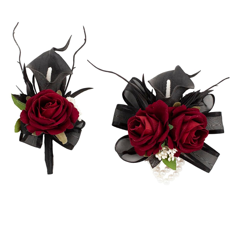 Floinla corsage with artificial calla lily and velvet rose, ribbons and pearls