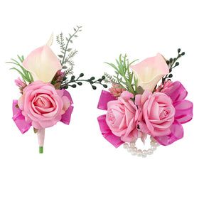 Floinla soft rose pink corsage and boutonniere closeup showing lifelike details for weddings.