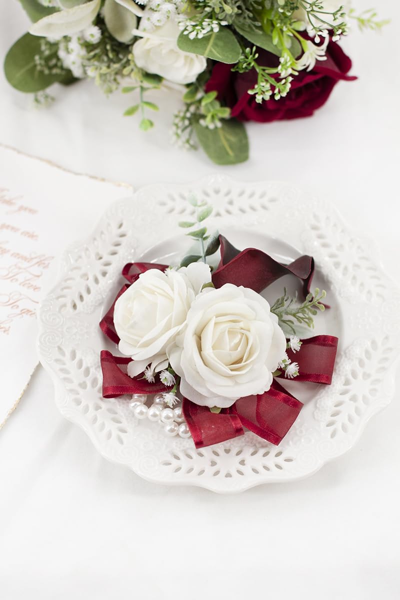Floinla pearl-embellished wrist corsage with elastic band for secure comfortable wear.