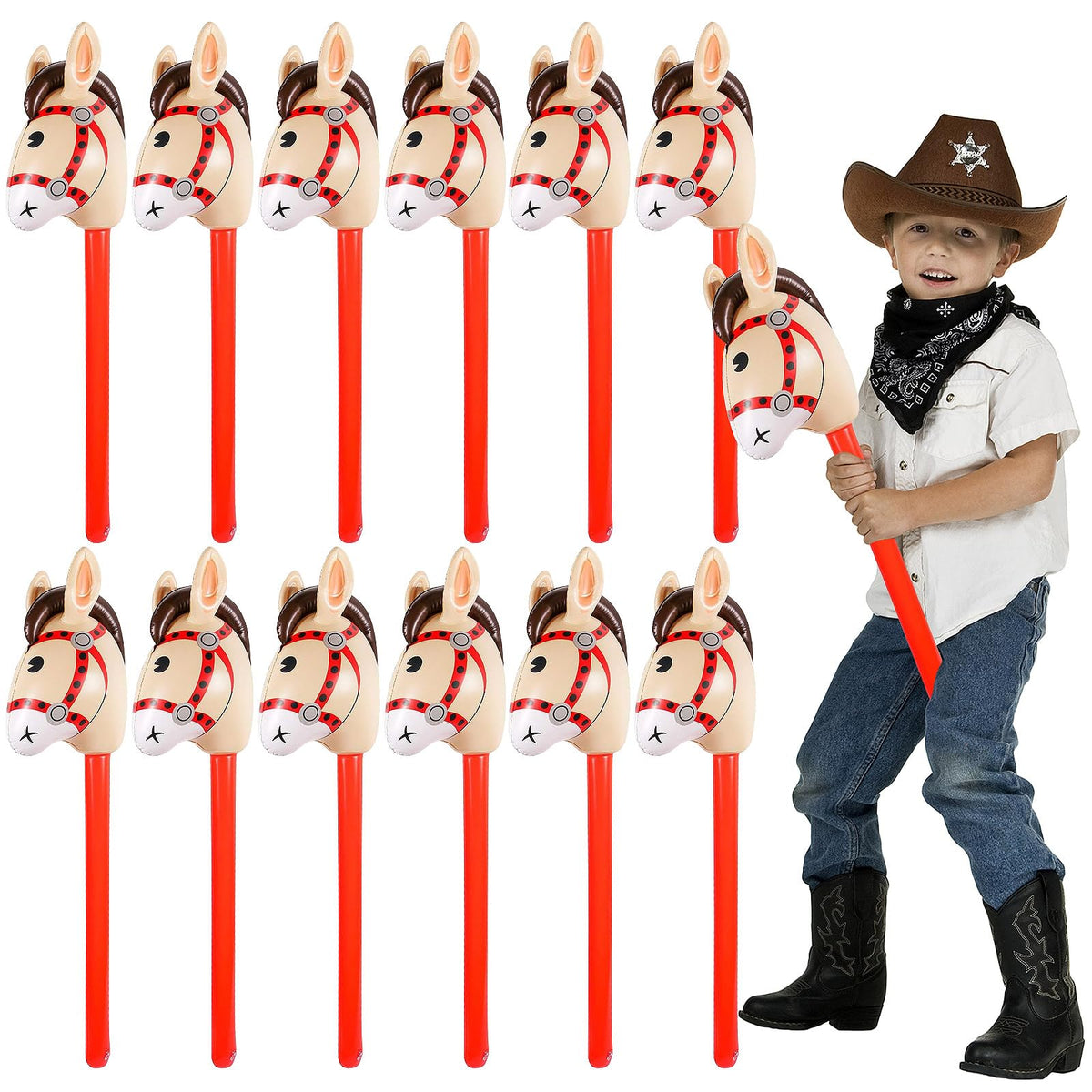 FLOMO-YDQ 37-inch inflatable stick horse head for portable Western party fun.