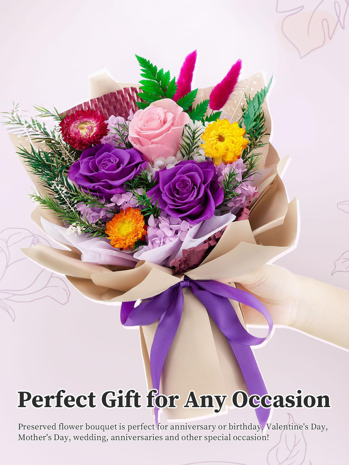 Flomoon purple preserved roses bouquet, ideal birthday gift for her.