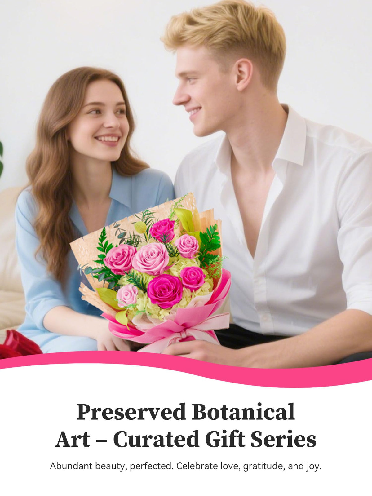 Flomoon Forever Flowers hot pink bouquet suits anniversaries and gifts.