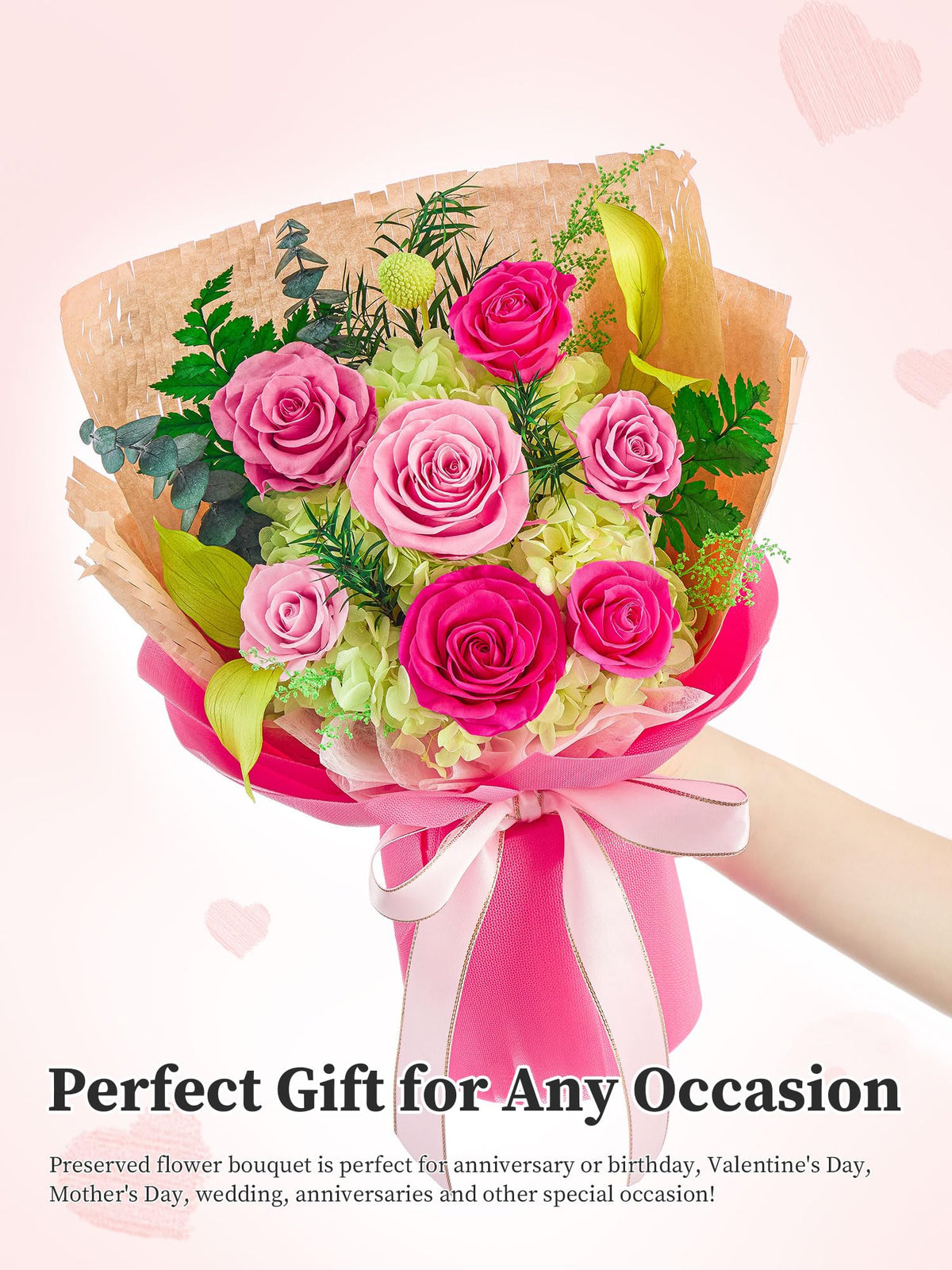 Flomoon Forever Flowers hot pink bouquet on nightstand brings timeless elegance.