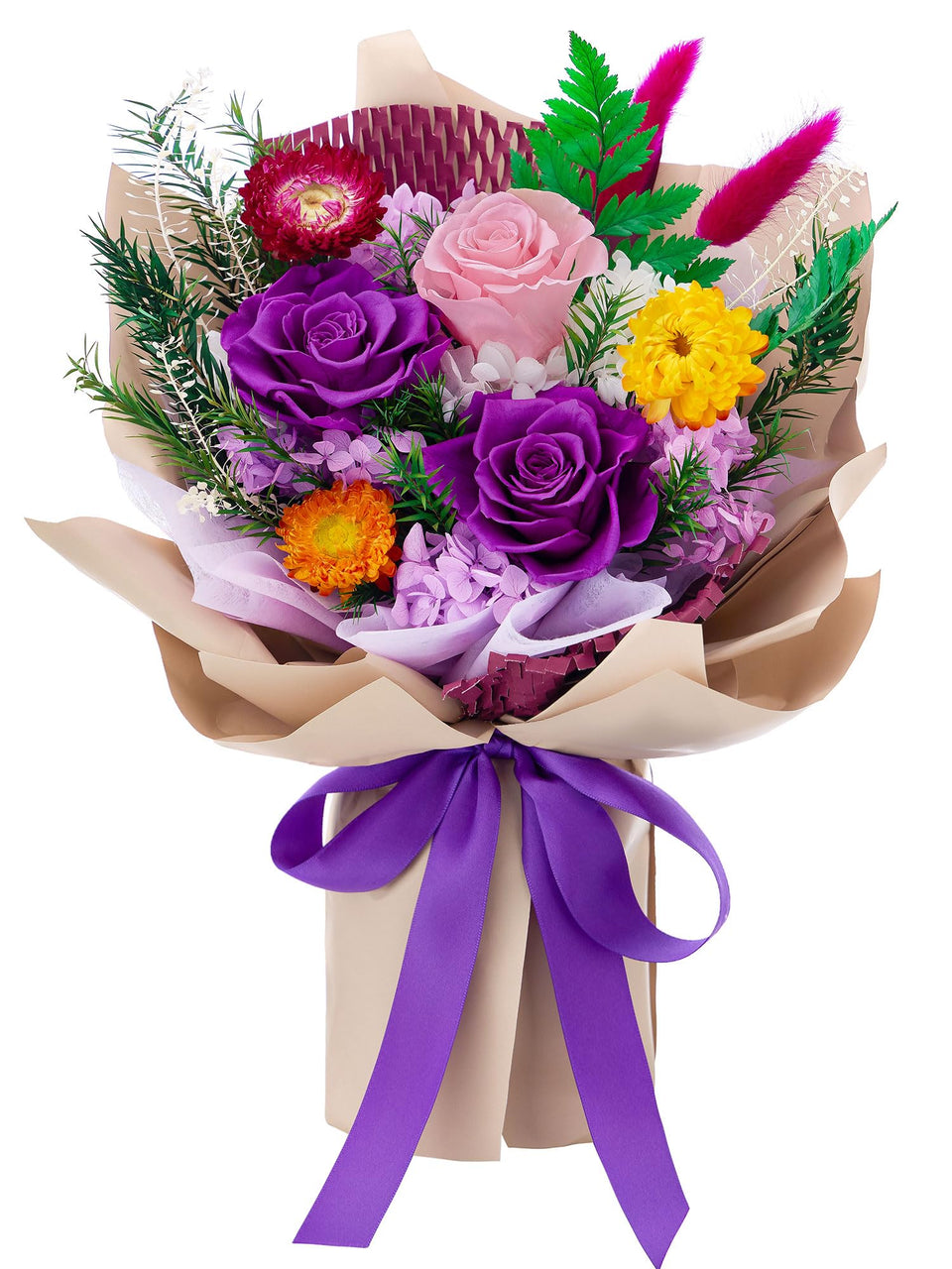 Flomoon Forever Flowers purple bouquet with preserved roses for a timeless, long-lasting gift.