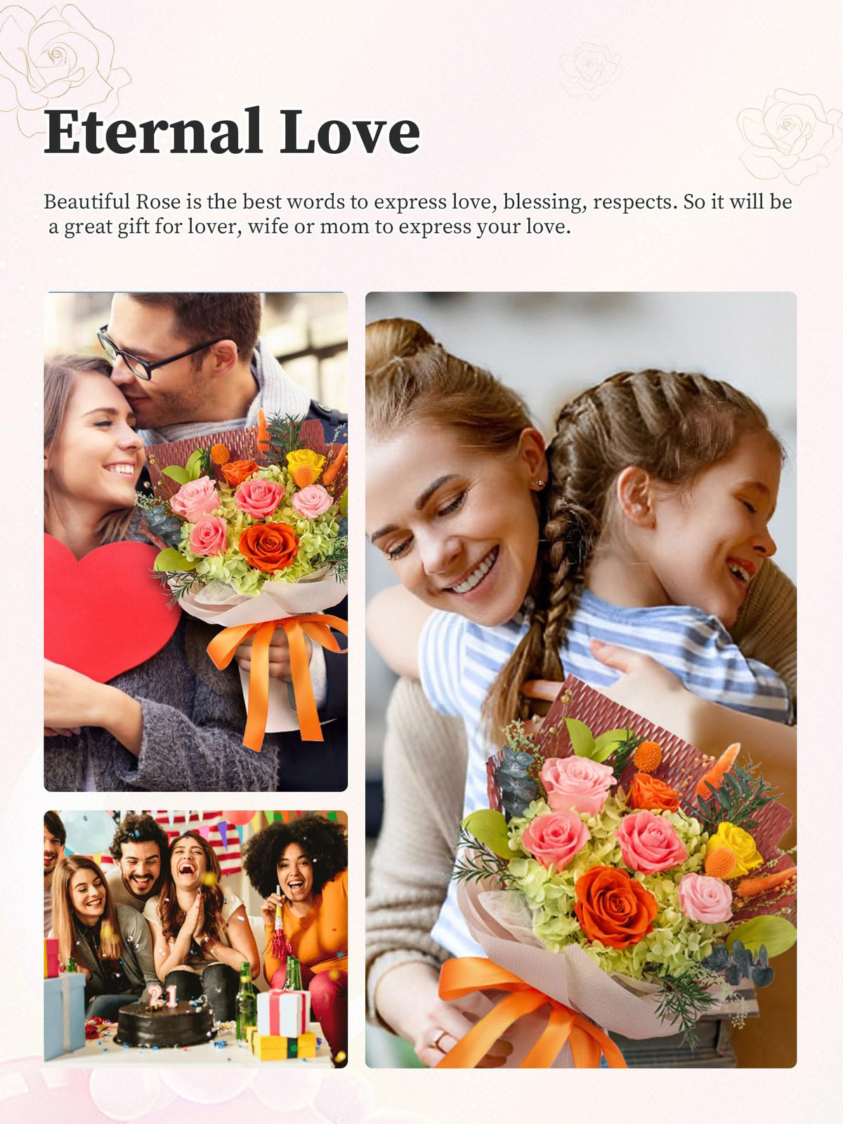 Flomoon orange preserved bouquet displayed in living room for easy decor.
