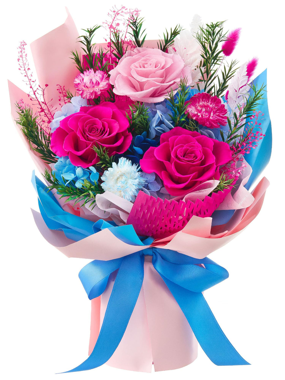 Flomoon preserved bouquet blue close-up shows durable color for year-long decor.