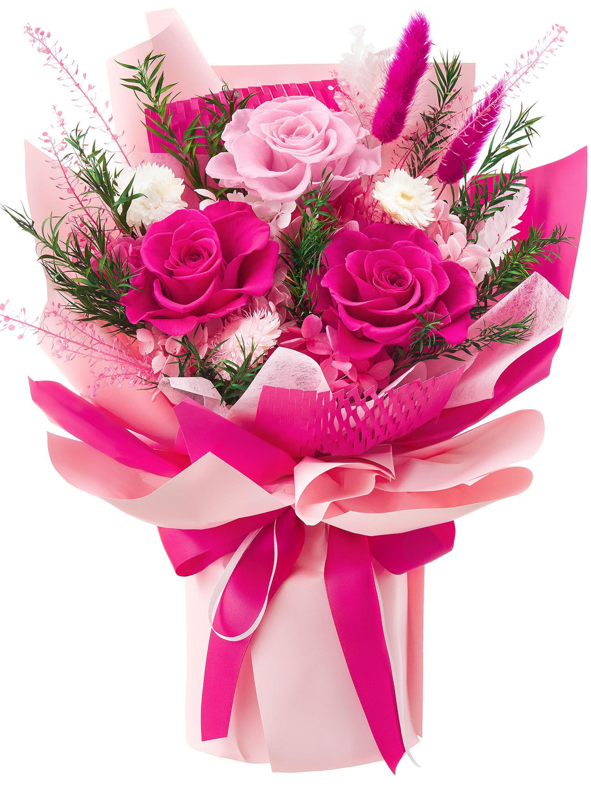 Flomoon preserved flowers bouquet hot pink, long-lasting real roses for gifting