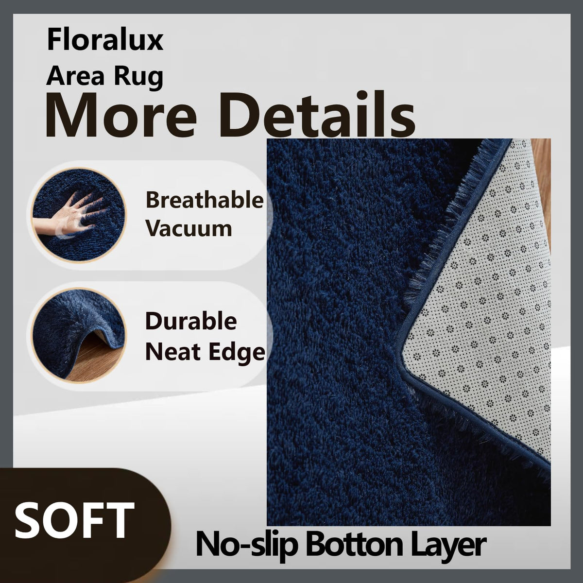 Floralux rug with non-slip backing stays in place on hardwood or tile