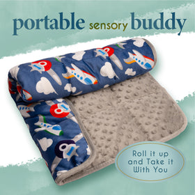 Brand logo on Florensi lap pad with calming blue design.