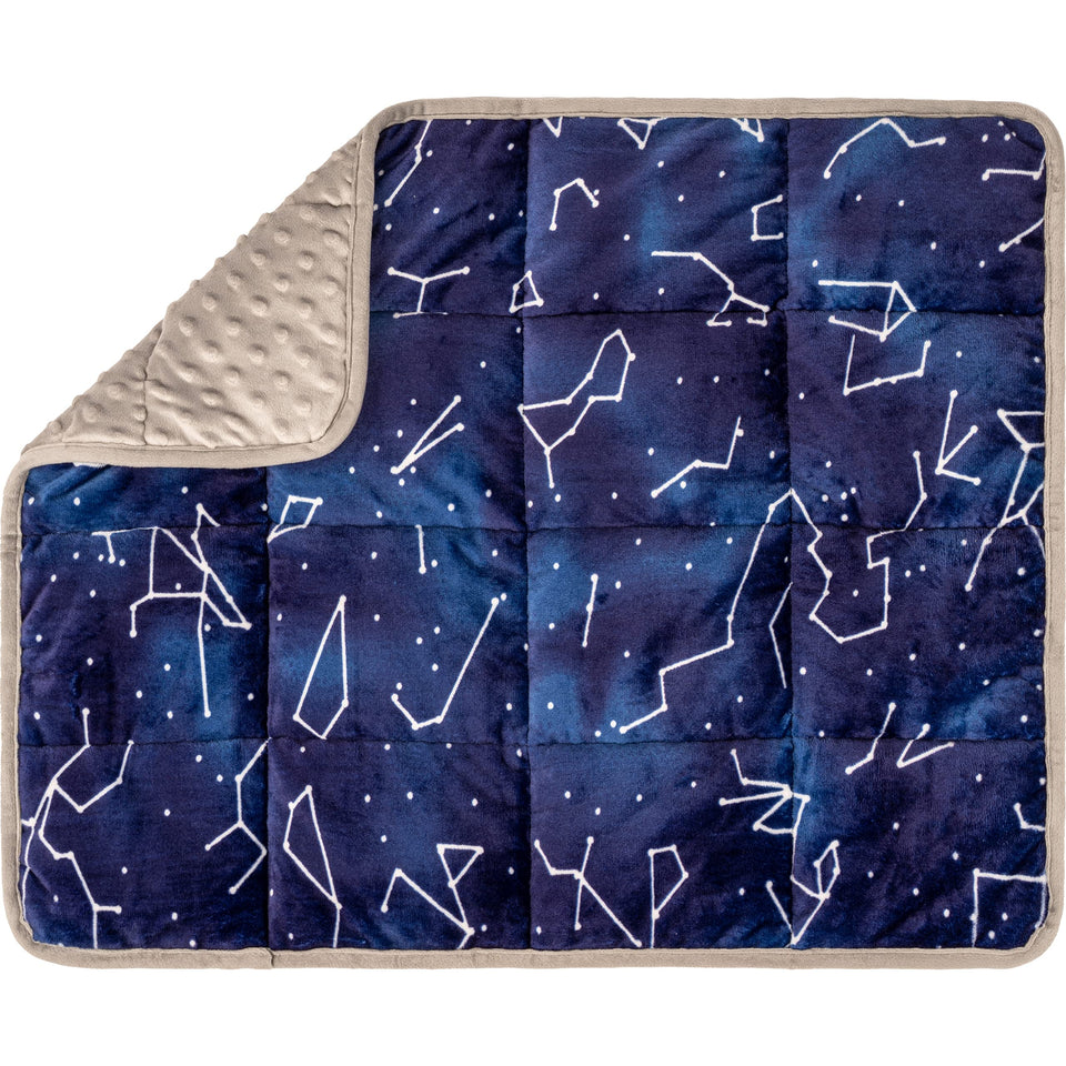 Florensi Weighted Lap Pad in Blue Constellations, front view for on-lap relaxation.