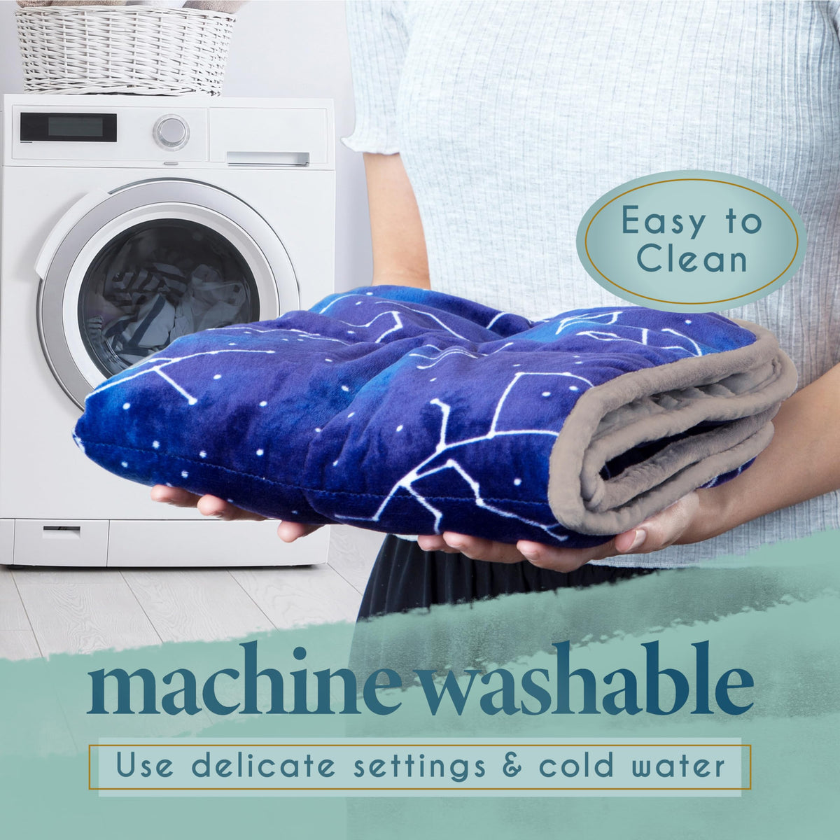 Machine washable label visible on Florensi blue weighted lap pad.