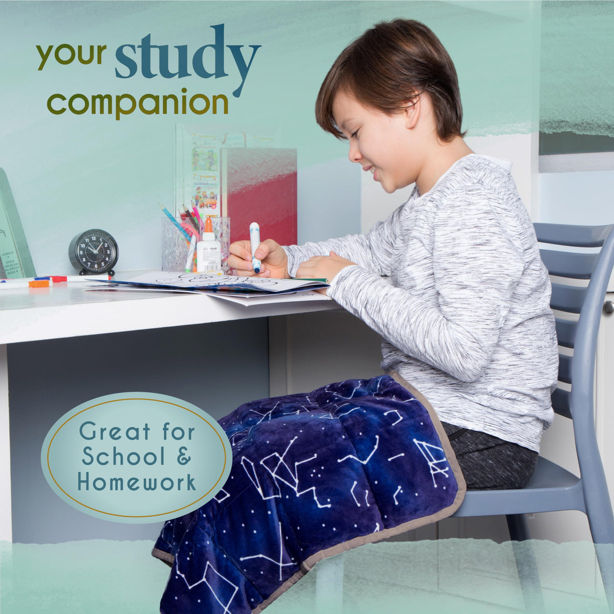 Travel-ready Florensi weighted lap pad with blue constellation design.