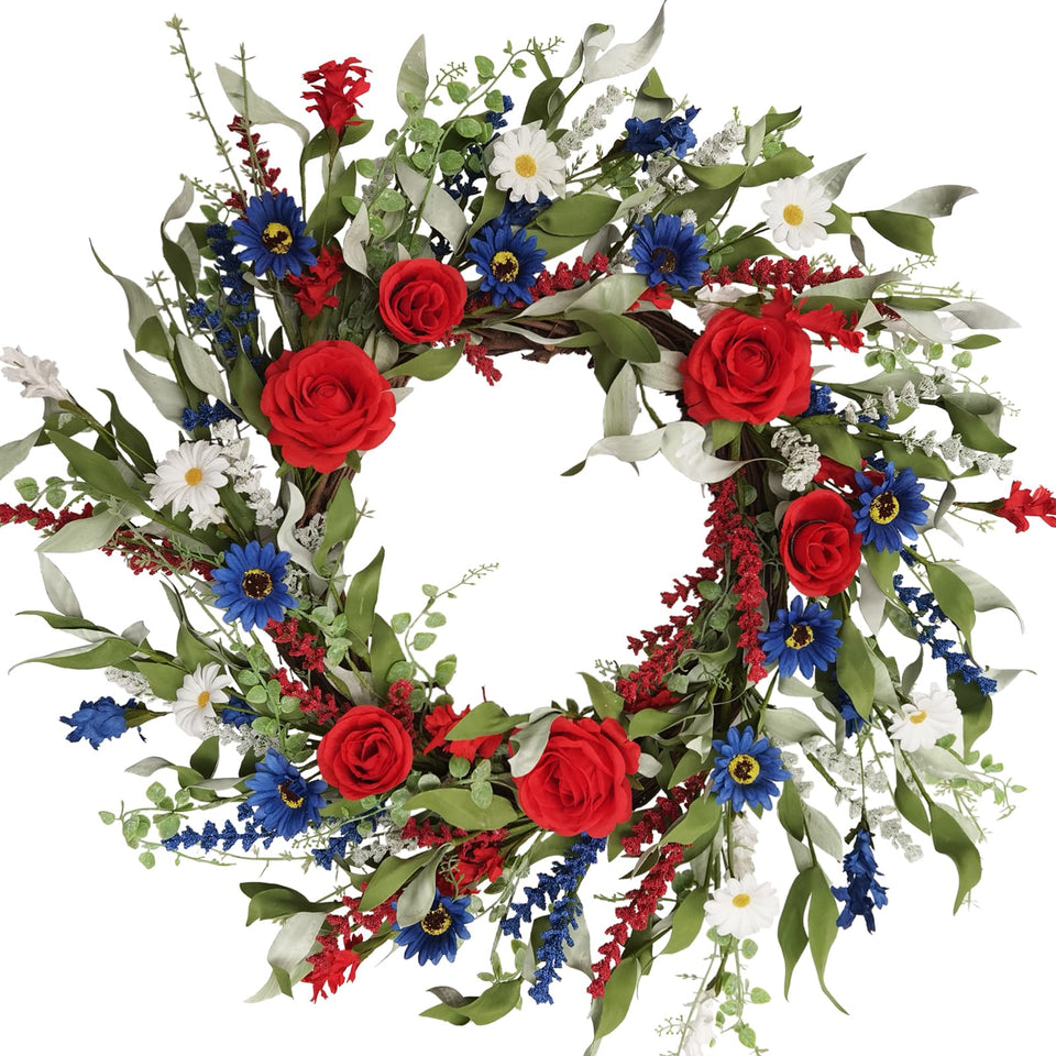 Floribus patriotic wreath on the front door adds seasonal curb appeal with red, white, and blue blooms.