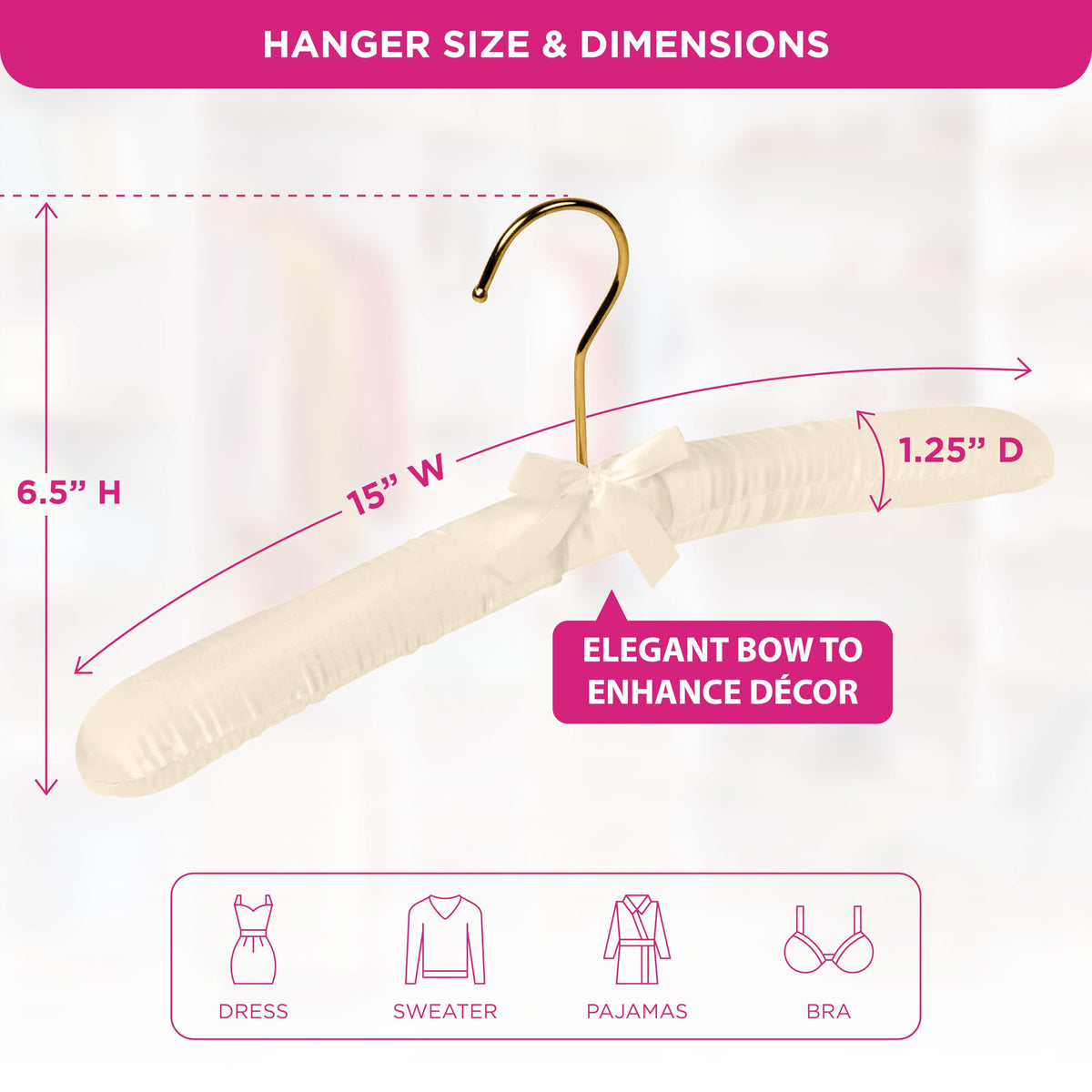 Florida Brands rotating gold hook on padded hanger for easy hanging.