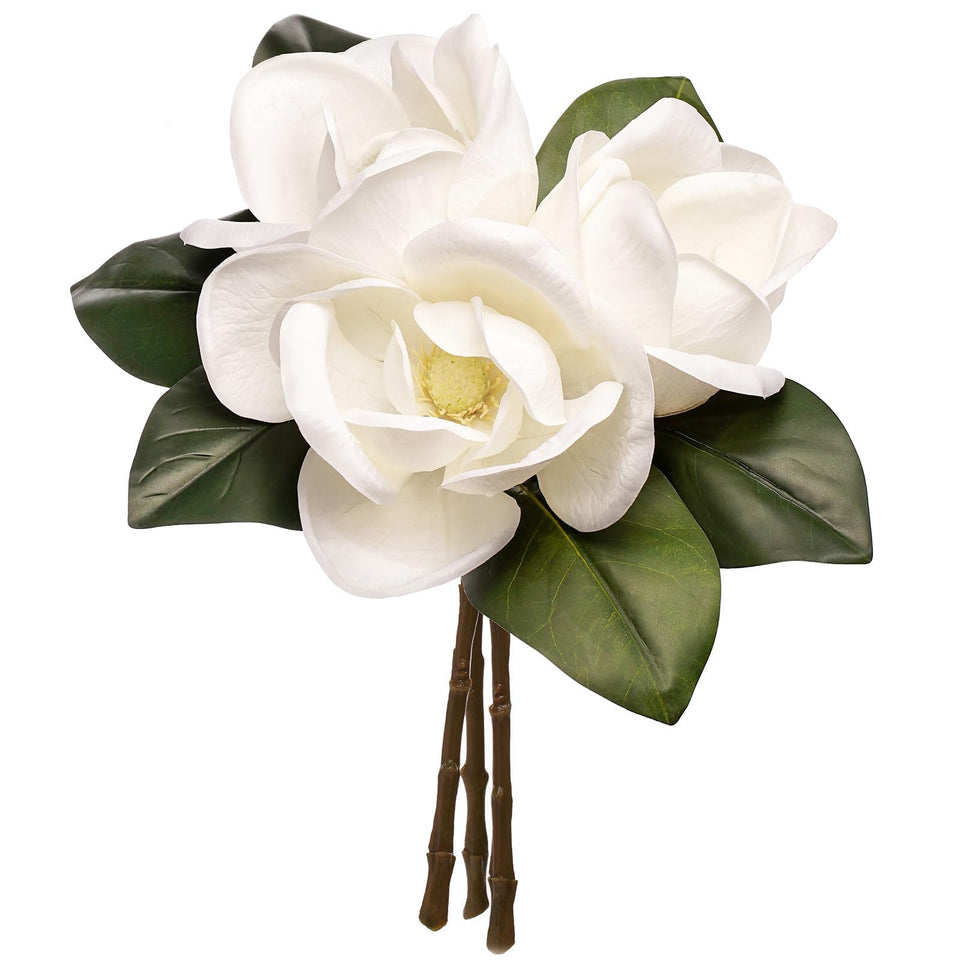 FlorisDecor 3-stem real touch creamy white magnolia flowers add lasting elegance to living spaces.