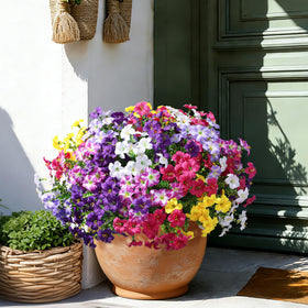 Florisso hanging-basket arrangements with faux flowers for balcony charm.