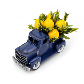FLOROAD navy blue metal truck with artificial lemon decor, perfect spring centerpiece.