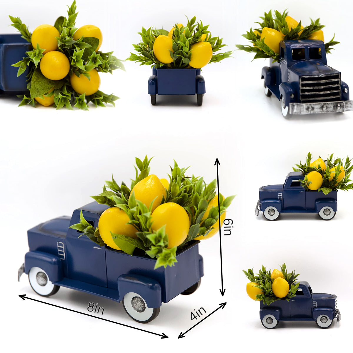 FLOROAD navy blue truck decor brightens dining tables with a fresh lemon theme.