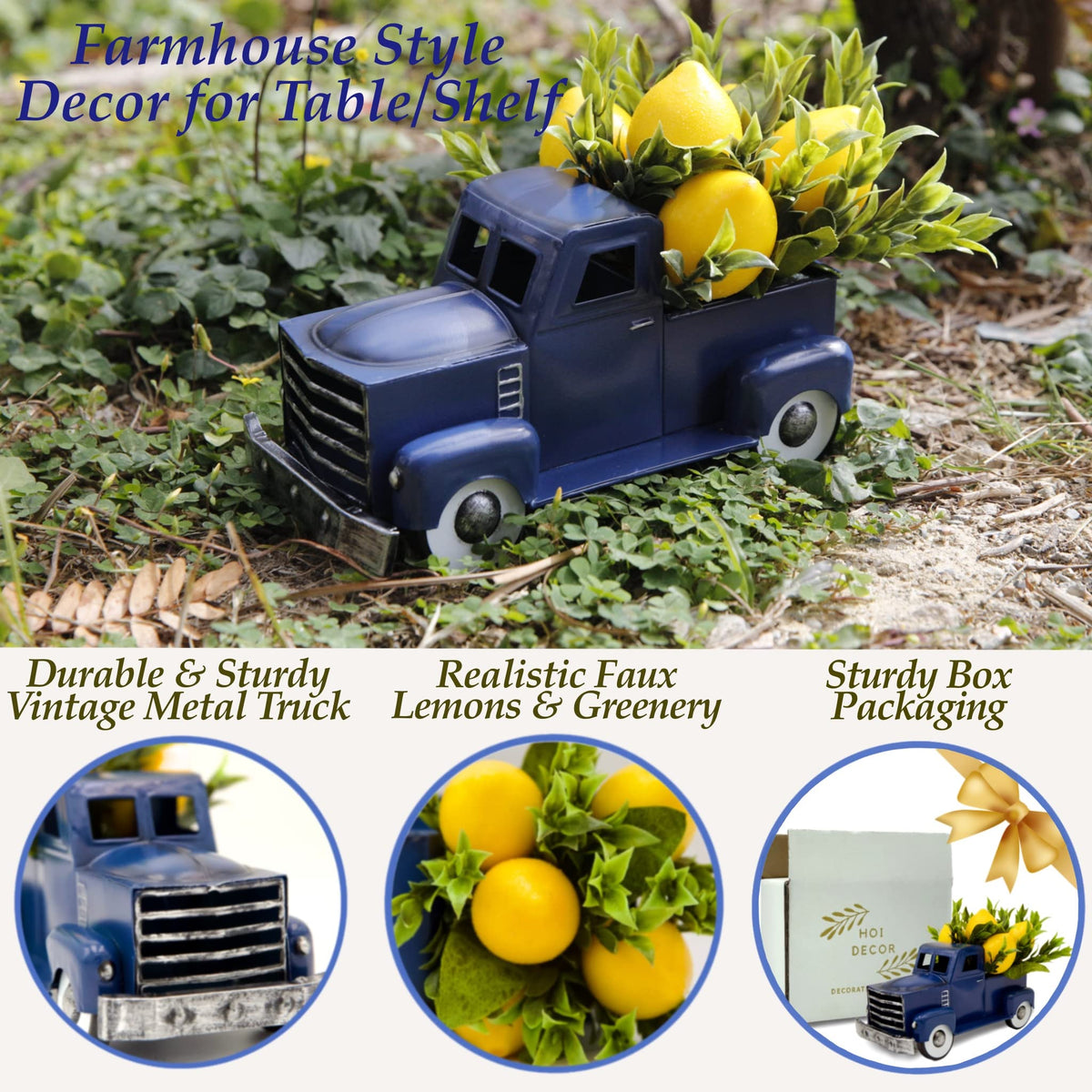 FLOROAD vintage truck with faux lemons and greenery adds cheerful color to any shelf.