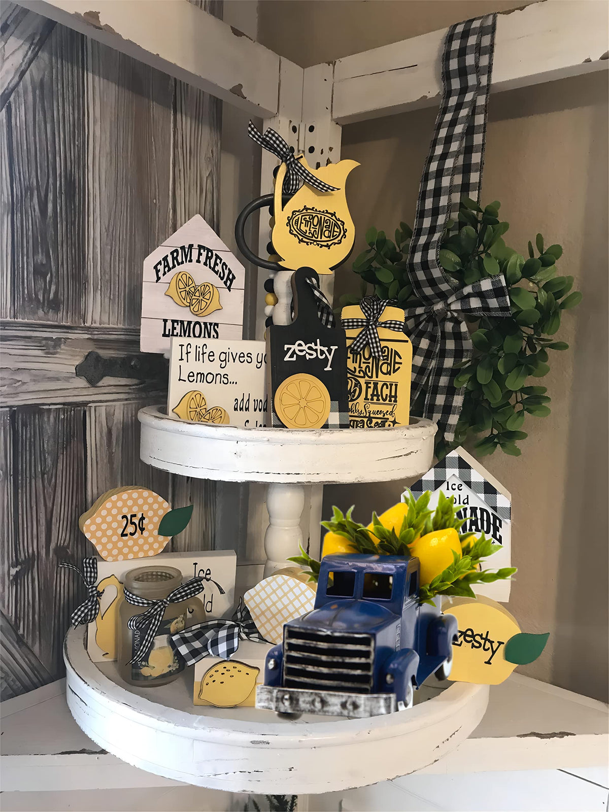 FLOROAD navy truck with lemon greens decorates shelves and tables.