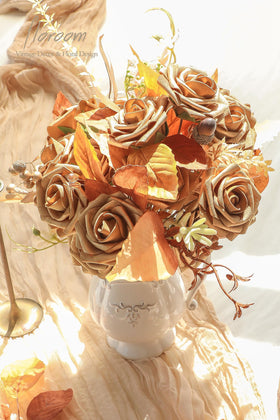 Floroom antique gold foam rose bouquet assembly demonstrates versatile stems for DIY wedding decor.