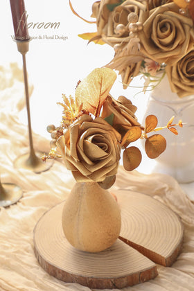 Floroom antique gold foam rose boutonniere demonstrates easy styling for bridal party.