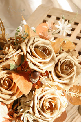 Floroom antique gold foam rose with leaves ready greenery option for bouquets.