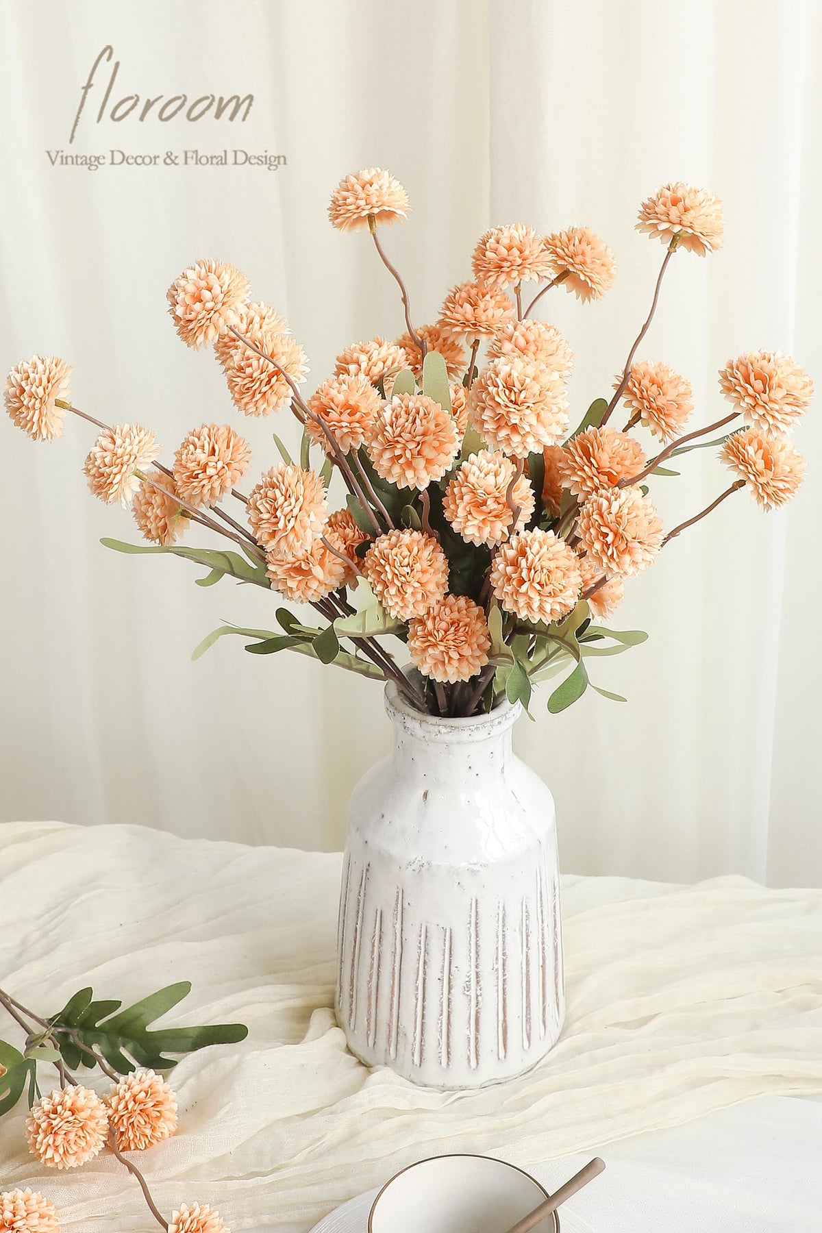Floroom apricot peach mini chrysanthemums stems with green coated wire for easy DIY bouquet shaping.