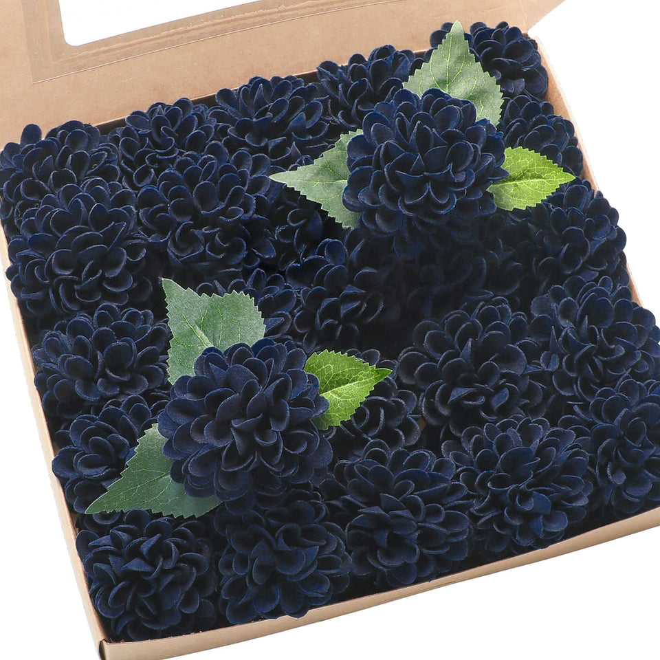 Floroom artificial dahlia navy blue foam flowers with stems for flexible wedding decor.