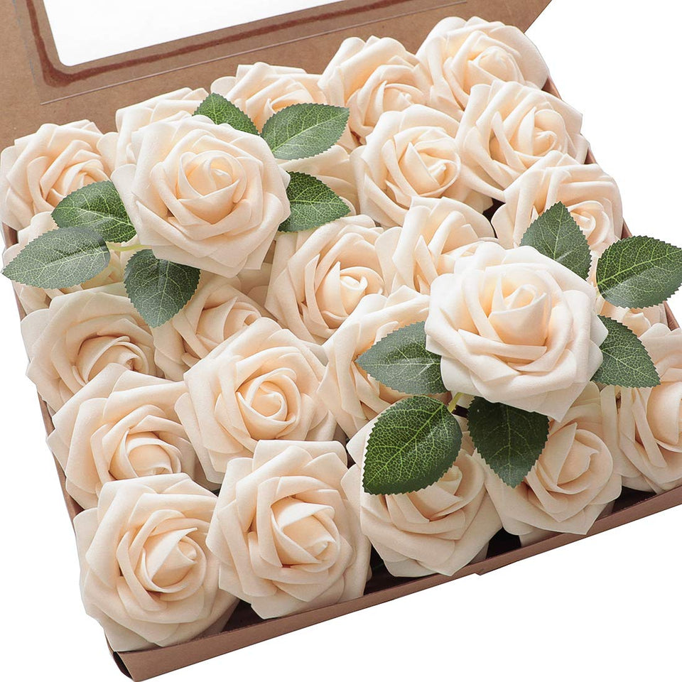 Floroom artificial cream-foam roses bouquet closeup, showcasing lush stems for DIY wedding arrangements.