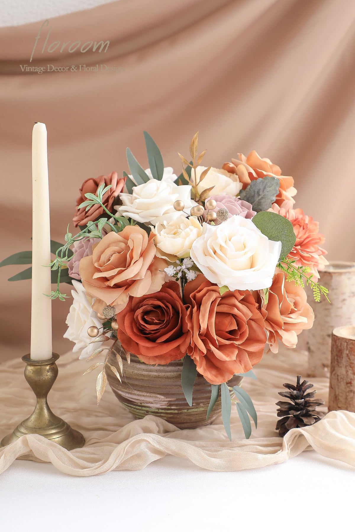 Floroom eucalyptus and willow leaves provide natural greenery accents