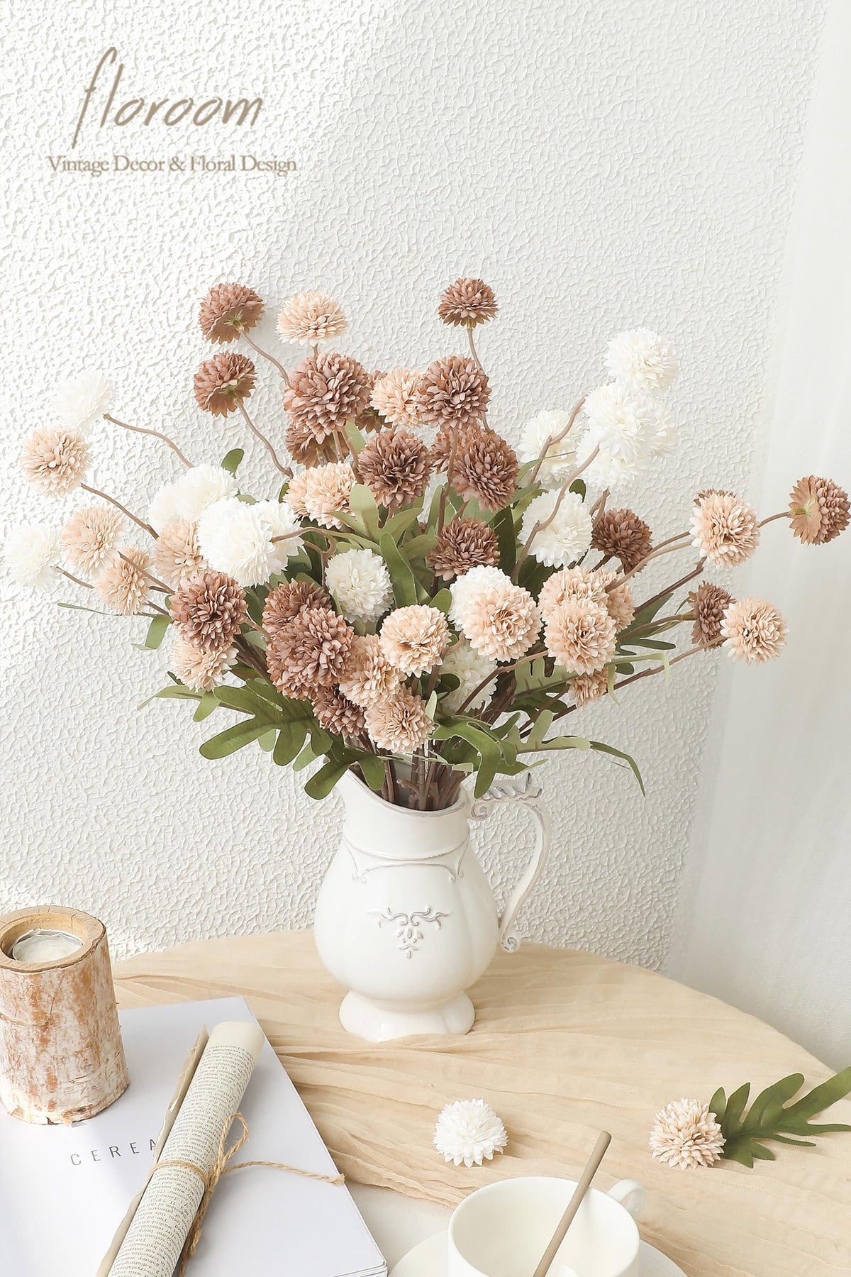 Floroom faux silk mums closeup reveals lifelike texture for elegant centerpieces.