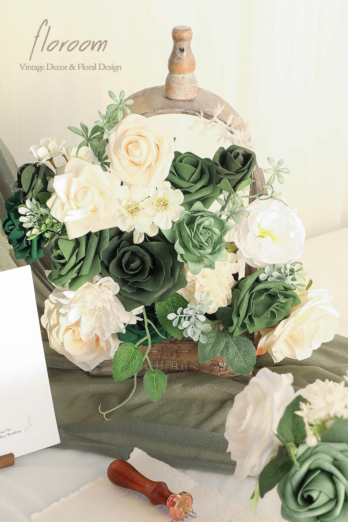 Floroom forest green roses, peonies, and dahlia for centerpieces and arches.
