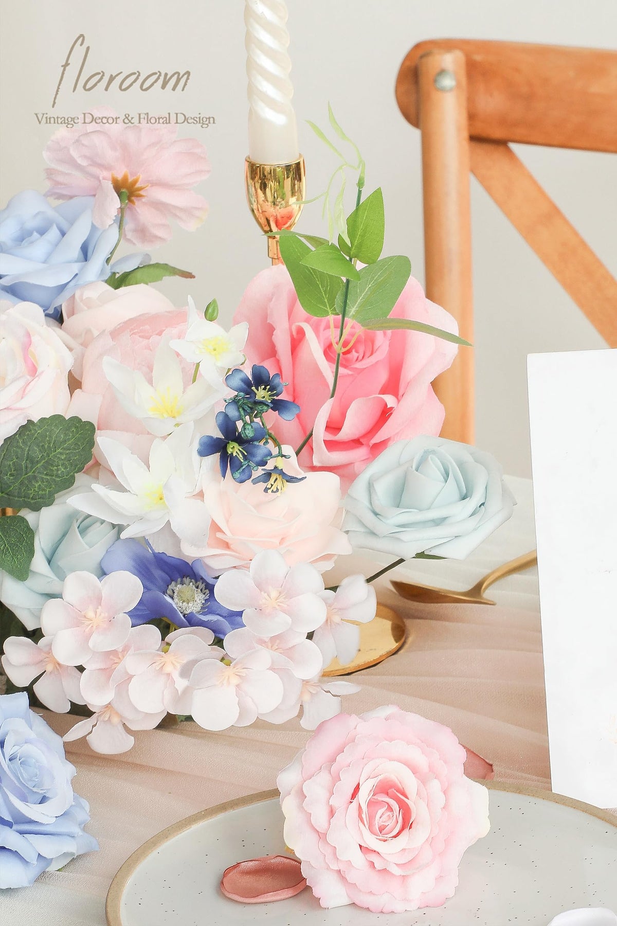 Floroom guest table centerpiece with lifelike blooms for timeless decor.