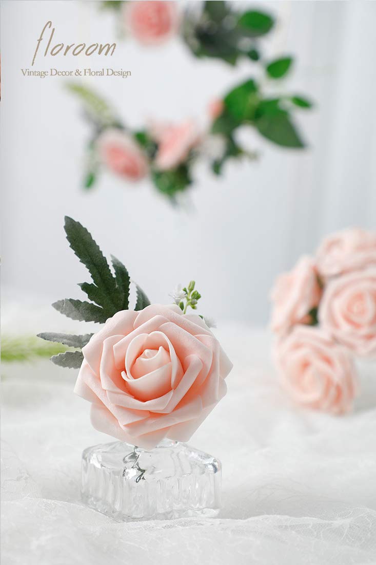 Floroom blush foam roses for kissing balls and boutonnieres, with easy-to-shape stems.