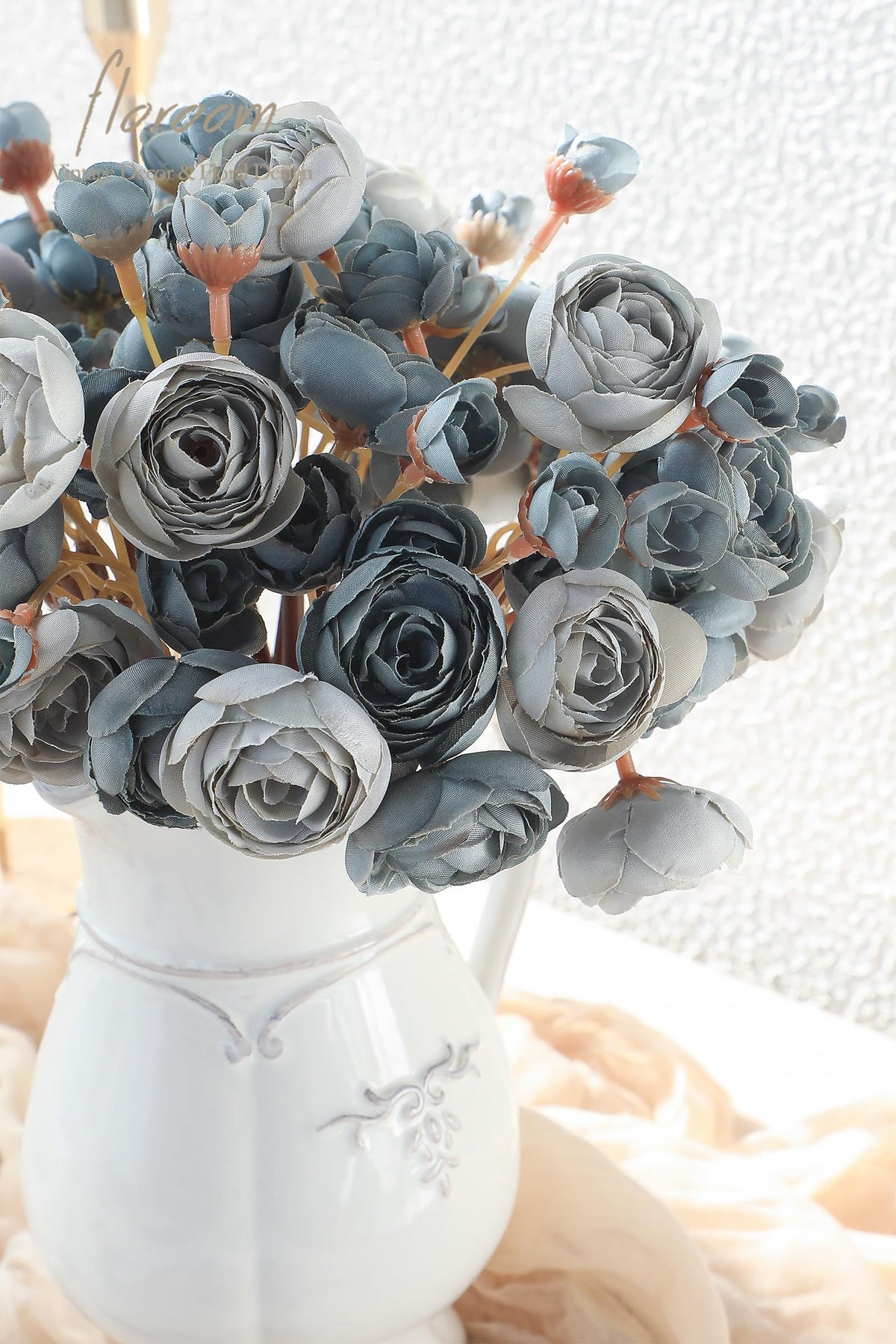 Floroom Ranunculus centerpieces with dusty blue silk petals