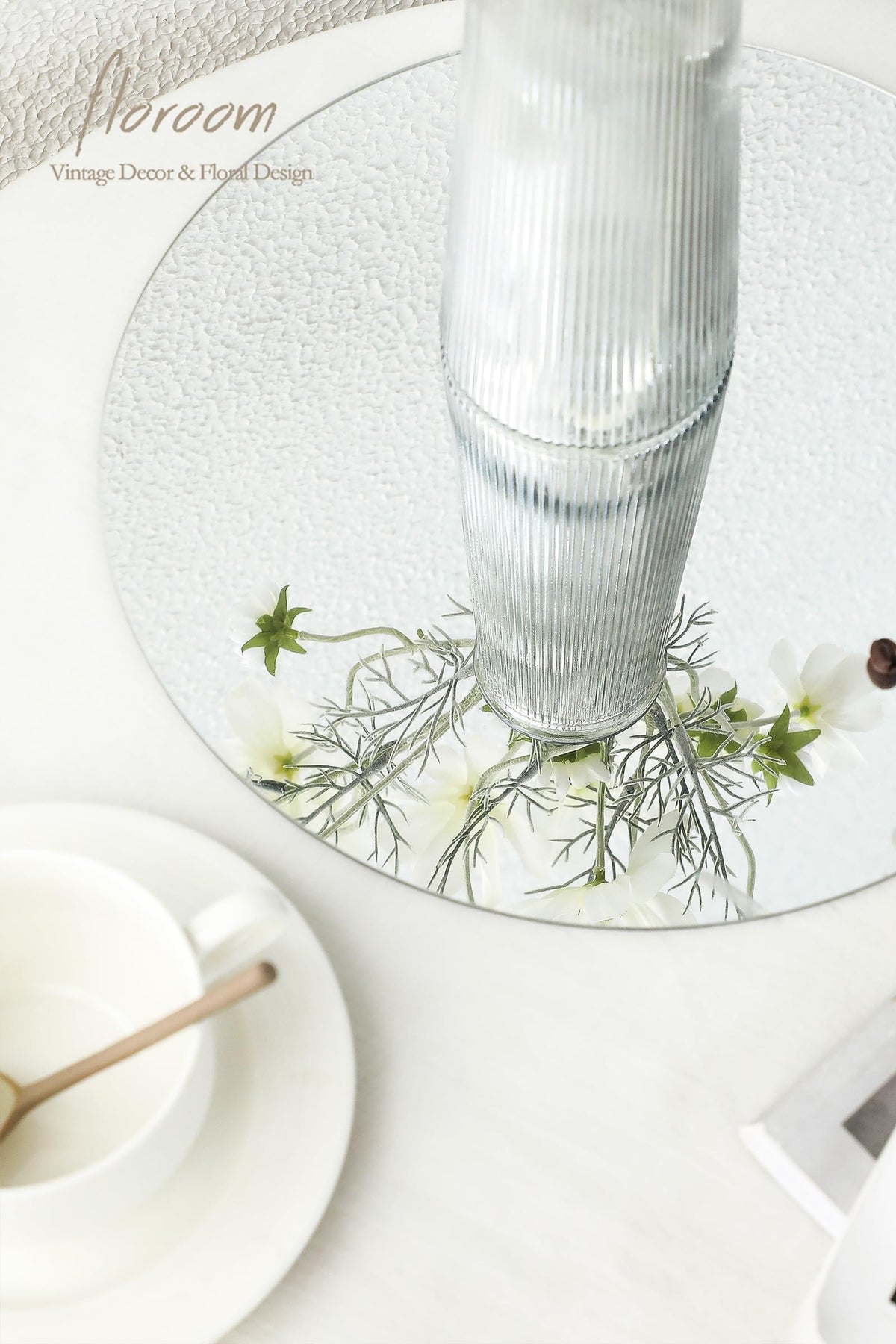 Floroom 12in round mirror perfect for weddings and festive decor accents.