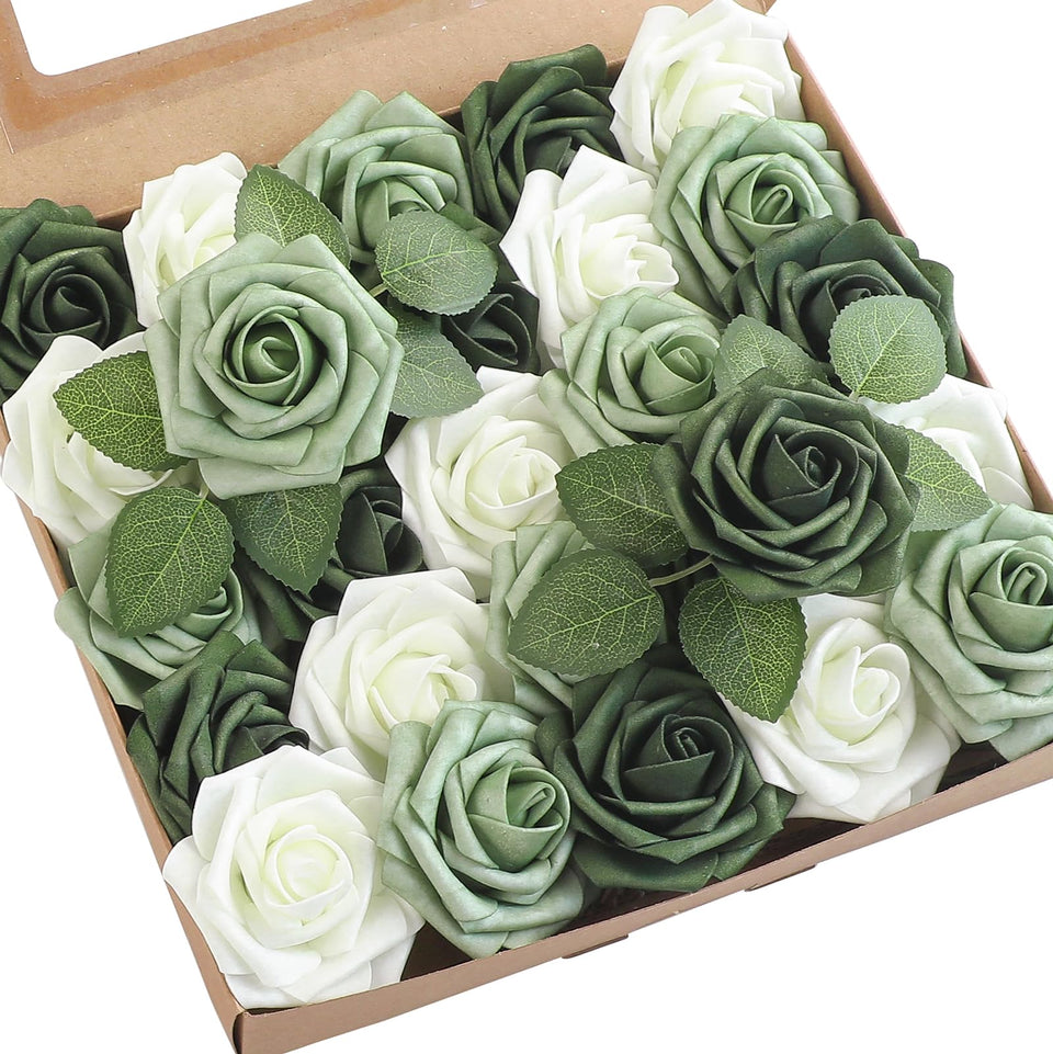 Floroom 25pcs artificial roses in sage and emerald foam for DIY bouquets.