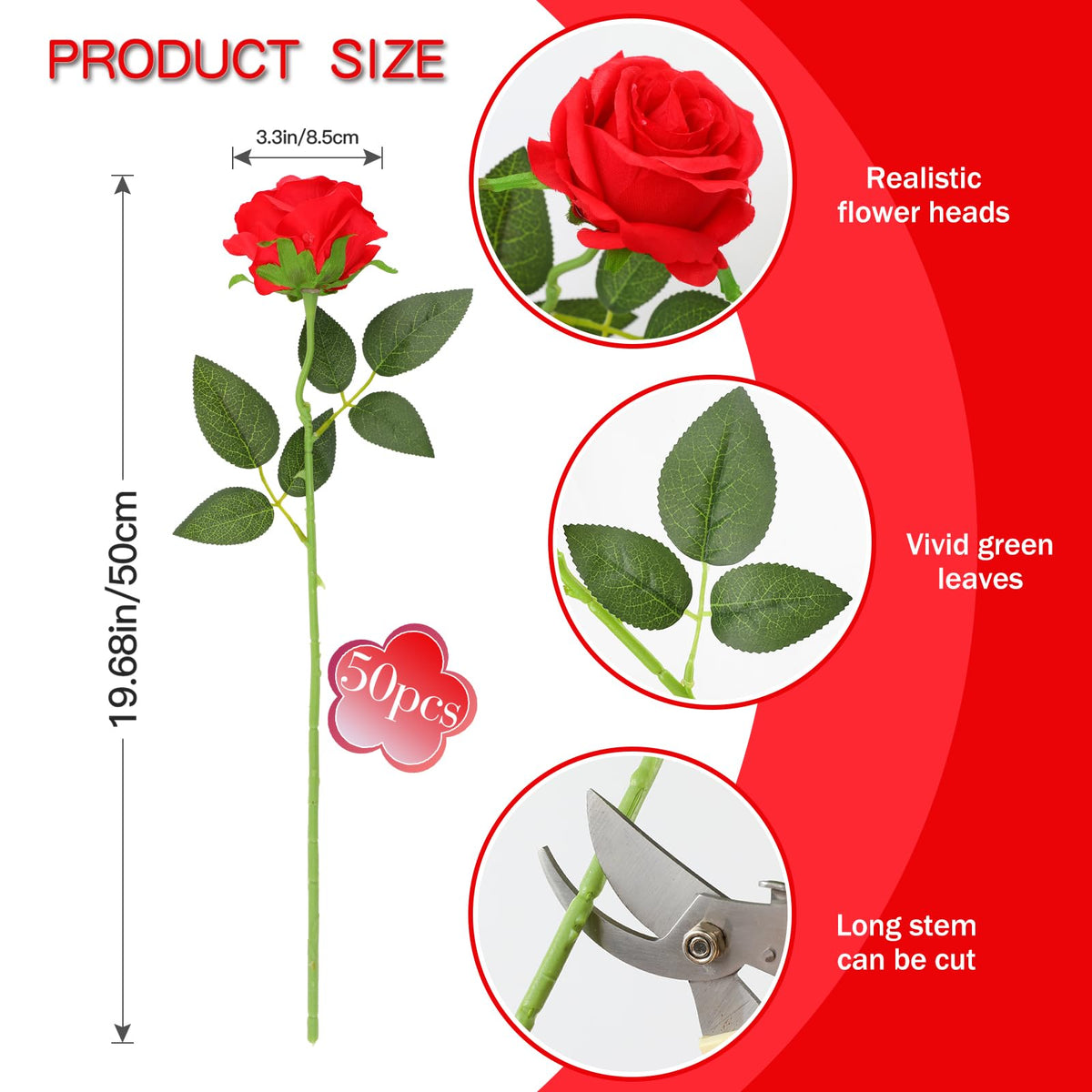 FLORRALIA artificial rose red long stem for lifelike arrangements.