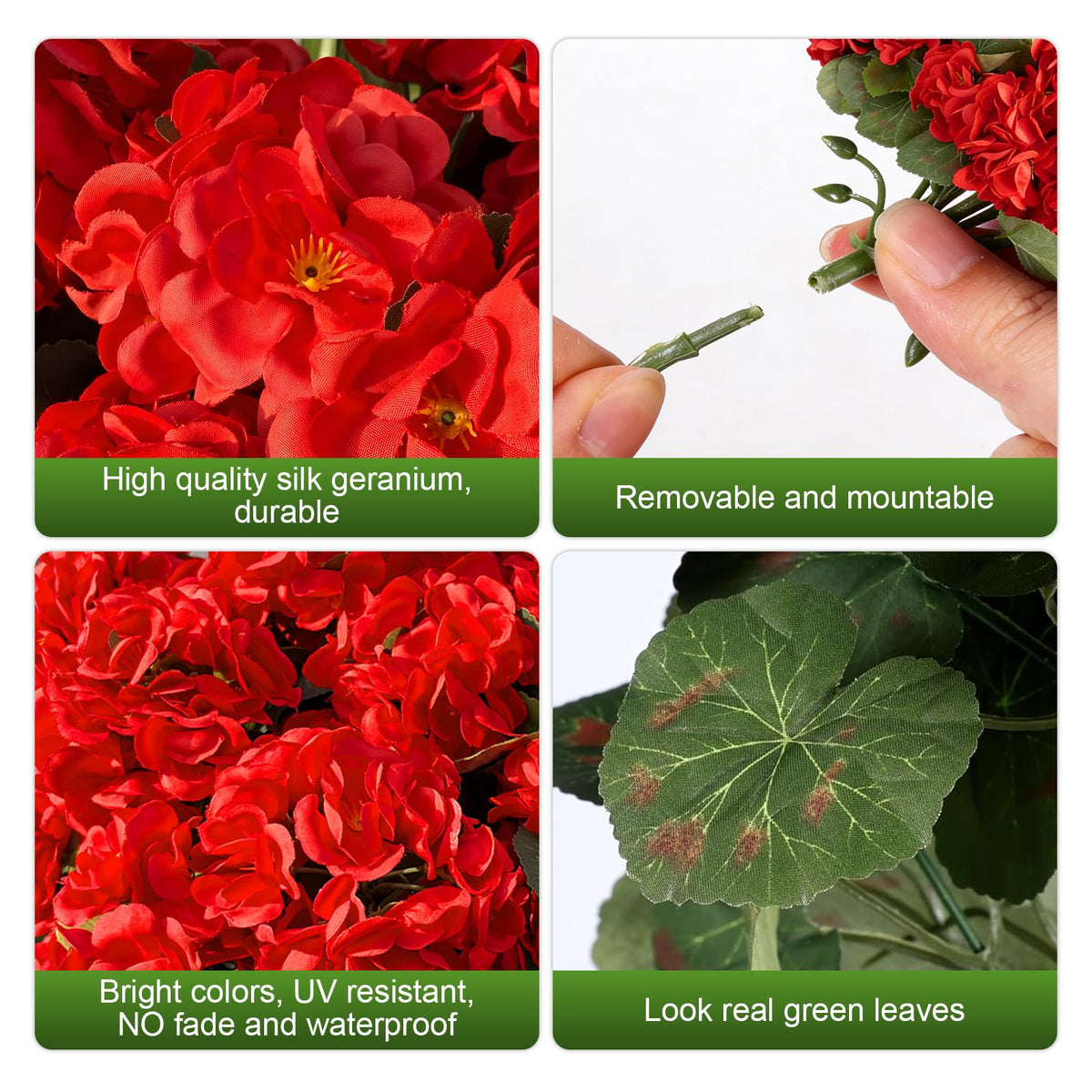 Flortevera artificial geraniums on trellis planters, long-lasting color