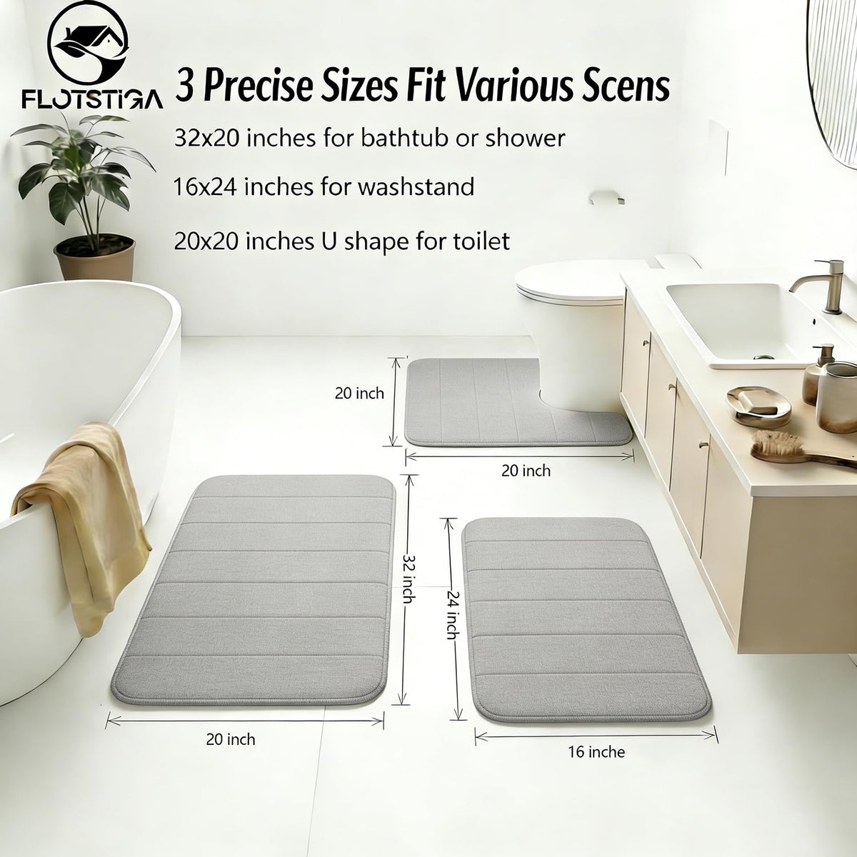 Flotstiga memory foam bath mat toilet rug 20x20 with non-slip backing.