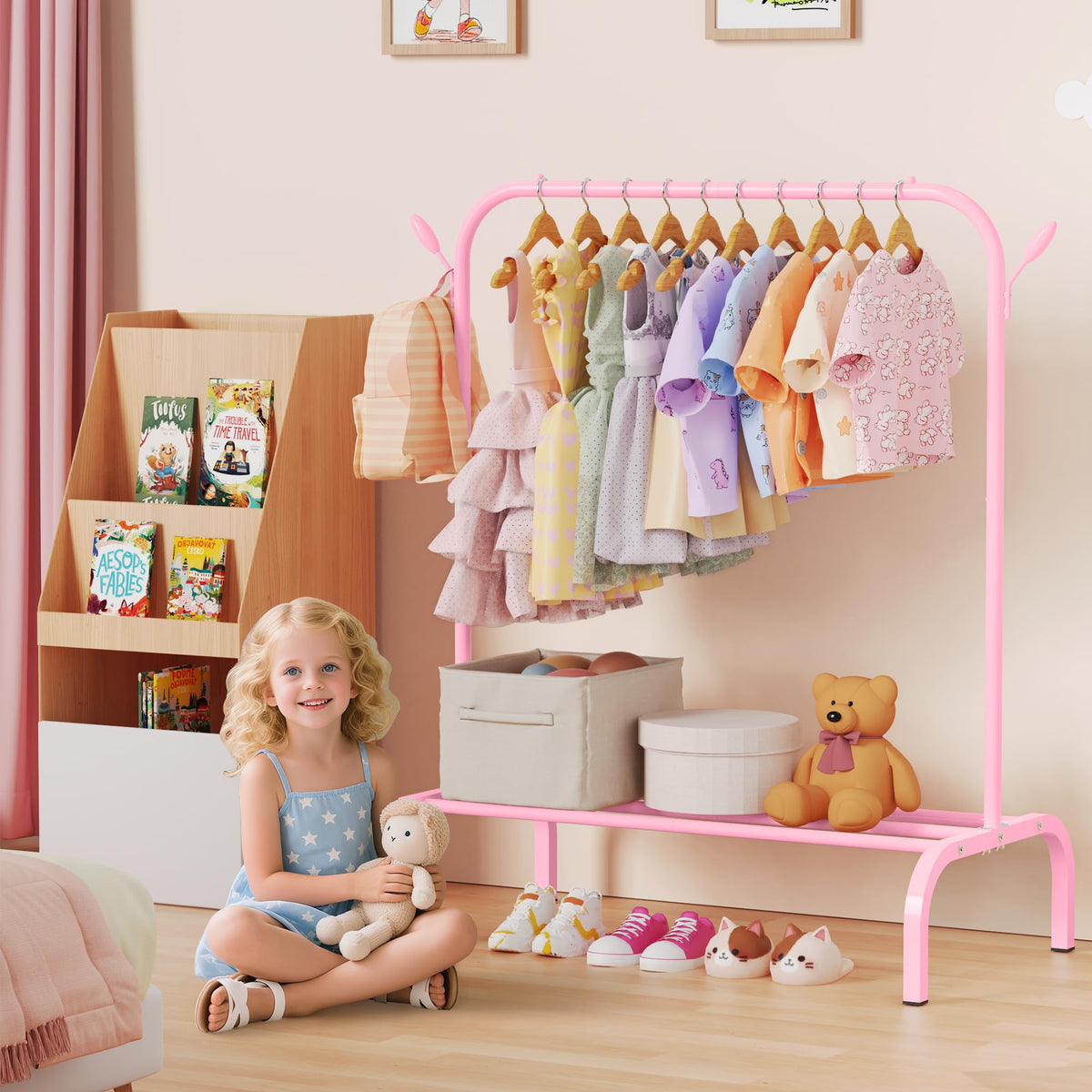 FLOUREE Upgraded Kids Clothes Rack assembly guide showing quick setup.